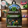 Minecraft Personalized Pixel Adventure Kids School Backpack featuring game characters, green blocks, and the name Logan.