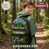 Minecraft Personalized Pixel Adventure Kids School Backpack featuring game characters, green block patterns, and name Logan.