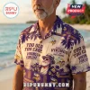 Minnesota Vikings Old Man Nordic Pilsner Hawaiian shirt with purple palms, team logos, and text on a beige background.