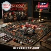Monopoly Horror Icons Slasher Halloween board game featuring miniature Pennywise and Chucky figurines on a dark game board.