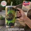 Monster Energy 24th Anniversary Edition Yeti Tumbler Cup with green tie-dye background, monster truck graphic, and straw.