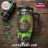 Monster Energy 24th Anniversary Edition Yeti Tumbler Cup with black handle, green tie-dye background, and monster truck decal.