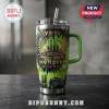 Monster Energy 24th Anniversary Edition Yeti Tumbler Cup with green tie-dye print, monster truck graphic, and clear lid.