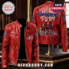 Montreal Canadiens Red Leather Jacket featuring player graphics, team logos, and text on the front and back panels.