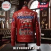 Montreal Canadiens red leather jacket featuring legends Richard, Beliveau, and Lafleur with team logos and graphics.