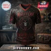 Motley Crue Skull Pentagram Limited Edition Shirt featuring a black V-neck design with red graphic prints on a mannequin.