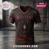 Motley Crue Skull Pentagram Limited Edition Shirt in black and red with band logo, city skyline, and gothic design elements.