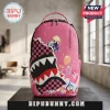 My Little Pony Sprayground Shark Mouth Party Backpack in pink featuring checkered teeth graphics and character prints.