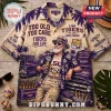 NCAA LSU Tigers Vintage Mascot Hawaiian Shirt in beige and purple with palm tree patterns and tiger graphics.