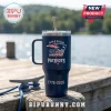 New England Patriots 1776-2026 America 250 Stanley Tumbler in navy blue with team logo and commemorative text on a dock.