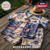 NFL Buffalo Bills Mascot Hawaiian shirt and matching shorts with tan background, palm tree prints, and team logos.
