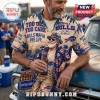 NFL Buffalo Bills Mascot Hawaiian shirt featuring palm trees, team logos, and text graphics in tan and blue colors.