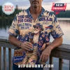 NFL Buffalo Bills Mascot Hawaiian shirt with palm tree print, Buffalo Bills logo, and text graphics on a tan background.