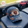 NFL Chicago Bears Distressed Denim Baseball Cap featuring team logos, orange embroidery, and frayed fabric details.