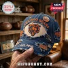 NFL Chicago Bears Distressed Denim Baseball Cap featuring navy blue fabric, an embroidered bear logo, and frayed edges.