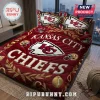 NFL Kansas City Chiefs Quilted 3-Piece Bedding Set with red base, team logos, football icons, and gold laurel patterns.