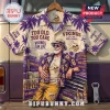 NFL Minnesota Vikings Purple Tropical Hawaiian Shirt with palm trees, a bearded man holding a beer, and team graphics.