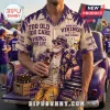 NFL Minnesota Vikings Purple Tropical Hawaiian Shirt with vintage text graphics and palm tree patterns on beige fabric.