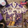 NFL Minnesota Vikings Purple Tropical Hawaiian Shirt featuring sunset palm trees, a bearded man, and team logo graphics.