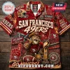 NFL San Francisco 49ers Mascot Hawaiian shirt featuring Sourdough Sam, football, stadium, and team logos on red fabric.
