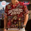 NFL San Francisco 49ers Mascot Hawaiian shirt in red with team logo, stadium graphics, gold football trophy, and text.