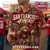 NFL San Francisco 49ers Mascot Hawaiian shirt in red and gold with Sourdough Sam graphic, stadium, and trophy print.