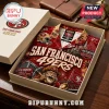 NFL San Francisco 49ers Mascot Hawaiian Shirt featuring red and gold colors, team helmet, mascot, and stadium imagery.