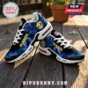 NFL Team Native Spirit Air Max Running Shoes featuring blue Rams branding, white soles, and native artistic patterns.