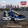 NFL Team Native Spirit Air Max Running Shoes featuring Los Angeles Rams logo, blue feather print, and moon silhouette.