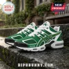 Notre Dame Fighting Irish Green Air Max Plus sneakers featuring white mesh panels, green accents, and university logos.