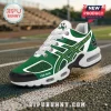 Notre Dame Fighting Irish Green Air Max Plus Sneakers featuring team logos, white laces, and a custom name personalization.