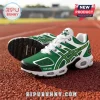 Notre Dame Fighting Irish Green Air Max Plus Sneakers featuring team logo, white mesh accents, and custom name placement.