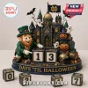 Notre Dame Fighting Irish Halloween Countdown Calendar featuring a leprechaun mascot, haunted castle, and date blocks.