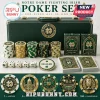 Notre Dame Fighting Irish Premium 300-Piece Poker Set in a green carrying case with team logo chips, cards, and dice.