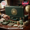 Notre Dame Fighting Irish Premium 300-Piece Poker Set in a green leather case with brass hardware and branded game chips.