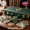 Notre Dame Fighting Irish Premium 300-Piece Poker Set inside a green leather case with gold hardware and branded chips.