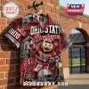Ohio State Buckeyes Mascot Brutus Hawaiian shirt featuring scarlet and grey graphics of the stadium and football helmet.