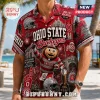 Ohio State Buckeyes Mascot Brutus Hawaiian shirt featuring team logo, football helmet, stadium graphics, and red colors.