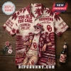 Oklahoma Sooners NCAA maroon Hawaiian shirt featuring a bearded man in a hat, palm trees, beer bottles, and team branding.