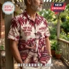 Oklahoma Sooners NCAA maroon Hawaiian shirt featuring tropical palm tree prints, text graphics, and a man holding a bottle.