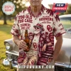 Oklahoma Sooners NCAA maroon Hawaiian shirt featuring Too Old Too Care text, palm tree patterns, and a vintage beer graphic.