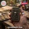 Old Fuckers Club Too Old To Care lighter case in antiqued brass with a central skull, eagle wings, and embossed text details.