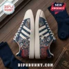 Ole Miss Rebels Adidas Casual Sneakers featuring blue and red team graphics, white stripes, and custom mascot illustrations.