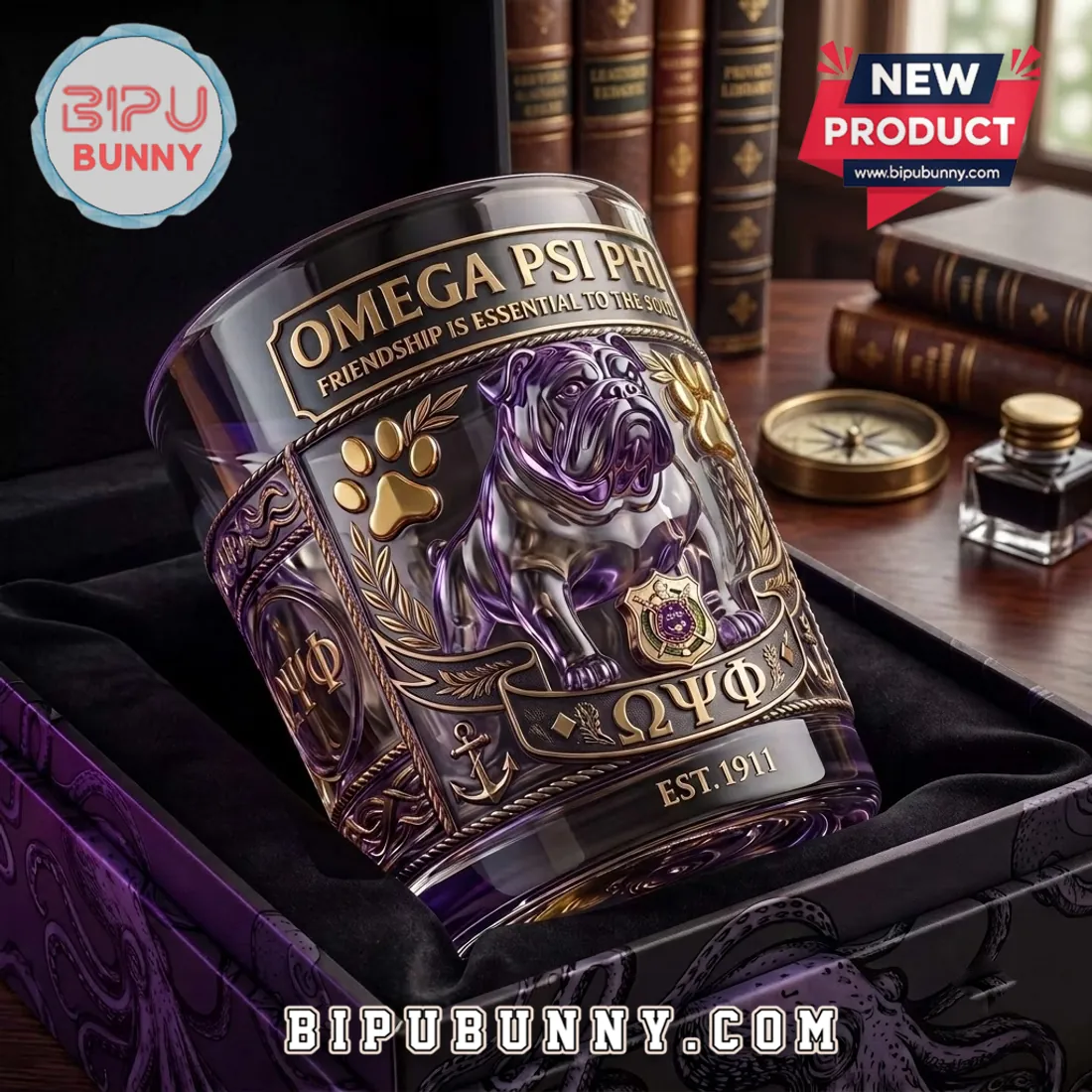Omega Psi Phi Bulldog Engraved Whiskey Glass Omega Psi Phi Bulldog Engraved Whiskey Glass