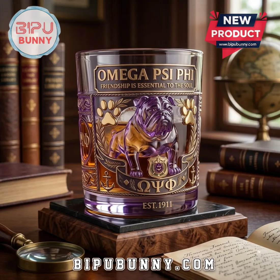 Omega Psi Phi Bulldog Engraved Whiskey Glass Omega Psi Phi Bulldog Engraved Whiskey Glass