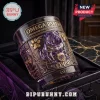 Omega Psi Phi Bulldog Engraved Whiskey Glass in deep purple glass featuring a detailed metallic gold bulldog emblem.