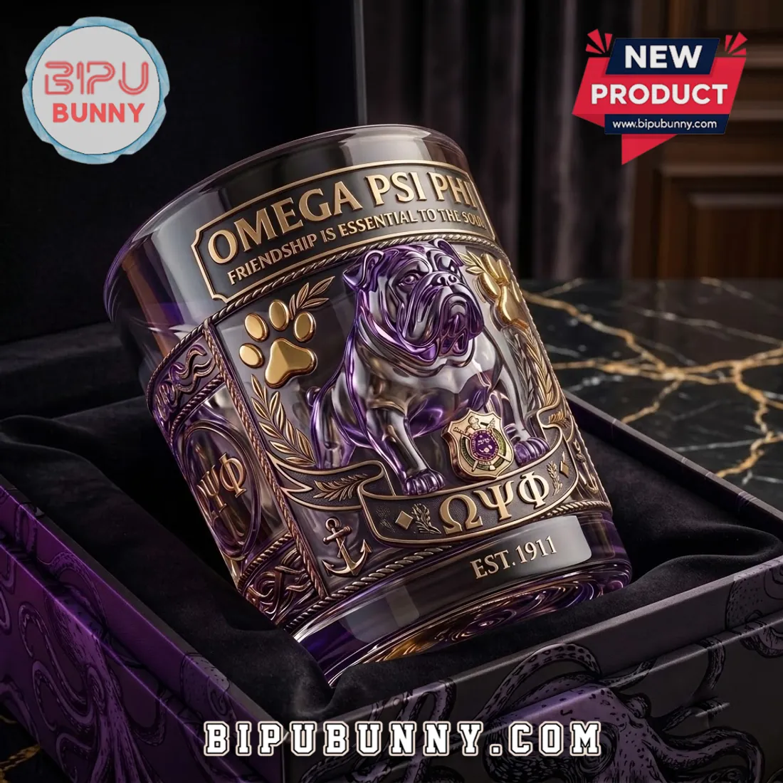 Omega Psi Phi Bulldog Engraved Whiskey Glass Omega Psi Phi Bulldog Engraved Whiskey Glass