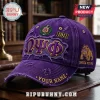 Omega Psi Phi Distressed Purple Baseball Cap featuring embroidered Greek letters, a 1911 patch, and a bulldog graphic.