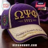 Omega Psi Phi Fraternity 1911 Textured Baseball Cap in purple and tan with gold embroidered Greek lettering and crest.