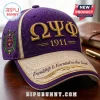 Omega Psi Phi Fraternity 1911 Textured Baseball Cap in purple and gold with embroidered Greek letters and crest.